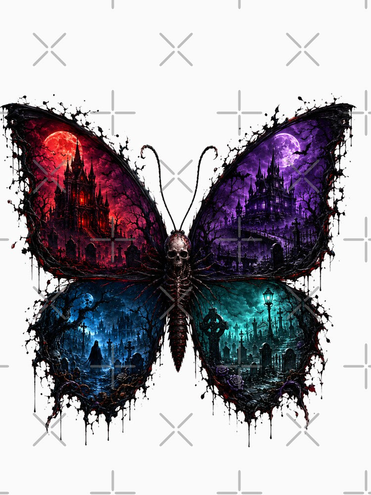 Gothic Skeleton Moth – Dark Fantasy Butterfly with Haunted Castles and Graveyard by Limitless expressions - wear your mindset