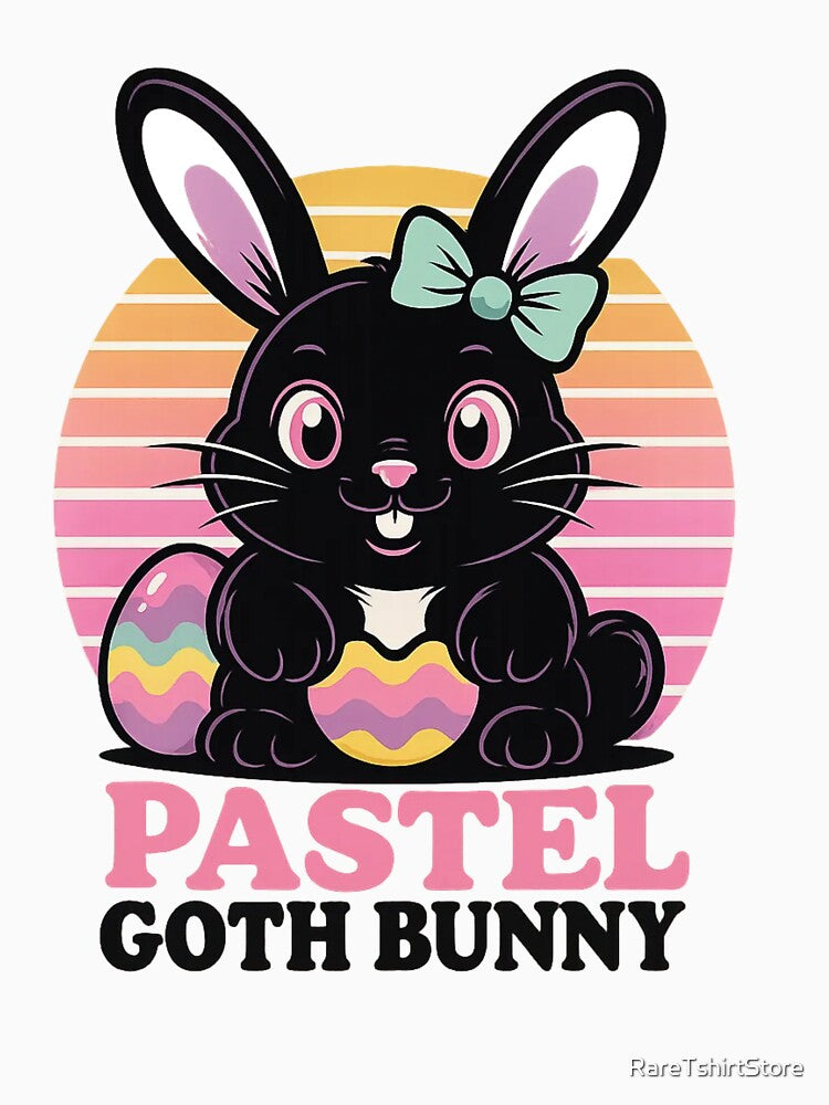 Cute Pastel Goth Bunny T-Shirt – Kawaii Black Easter Rabbit with Colorful Eggs & Bow by RareTshirtStore
