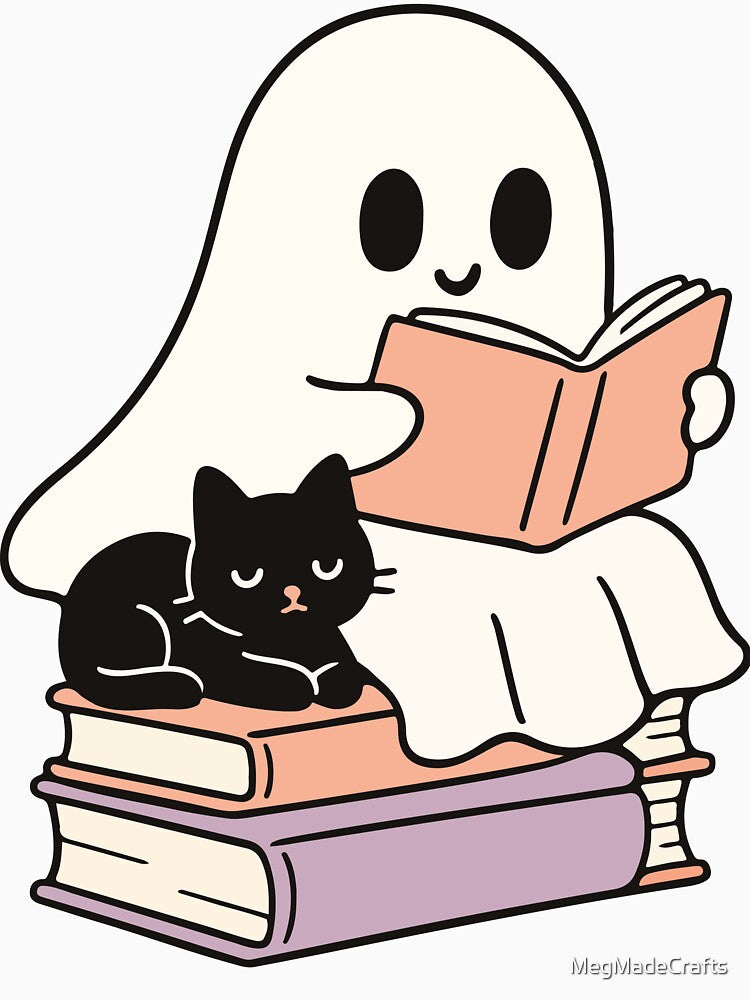 Charming Ghost Reading with a Black Cat - Halloween Cozy Art by MegMadeCrafts