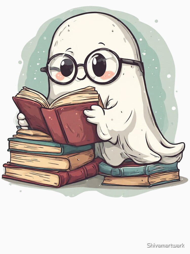 Cute Bookworm Ghost Reading - Adorable Halloween Clipart by Shivamartwark