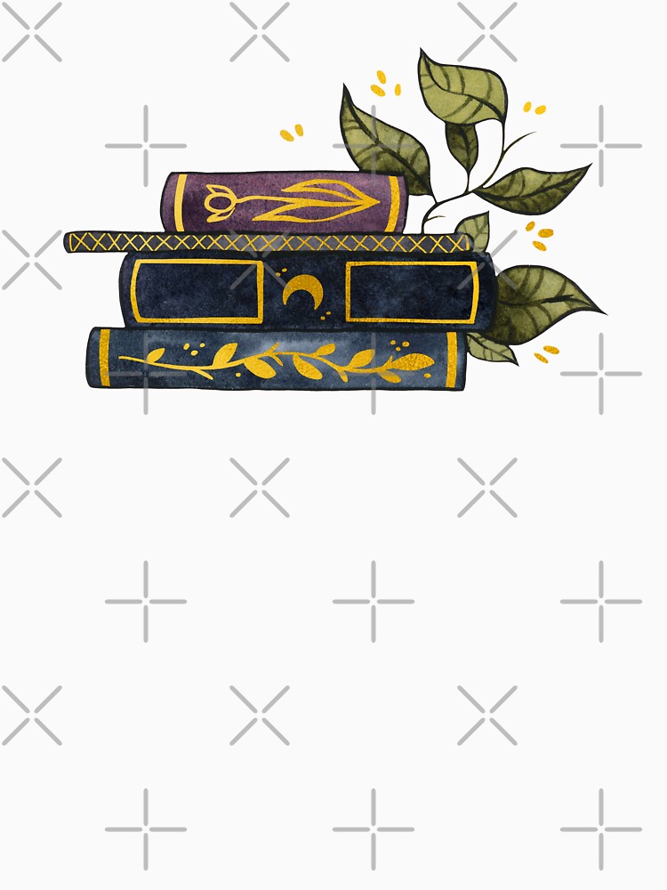 Dark book stack with gold details and leaves by Ellen Wilberg