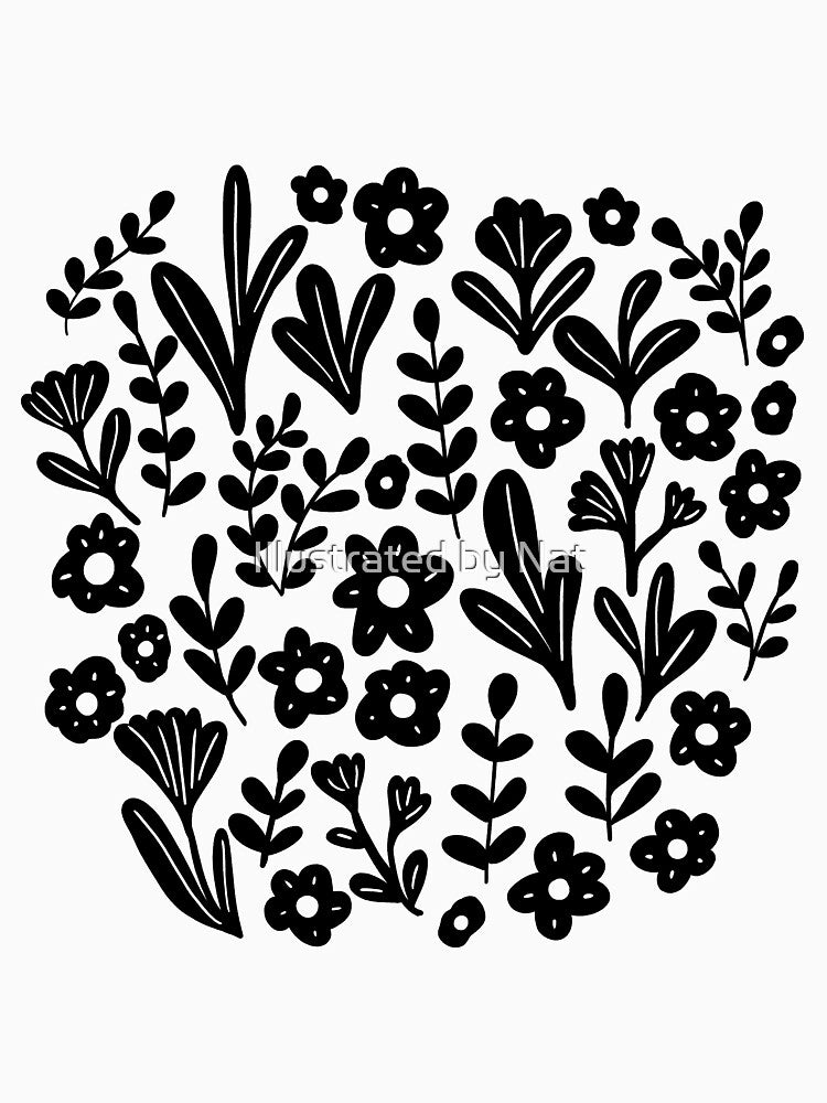 Folk ditsy flower pattern in black and white by Illustrated by Nat