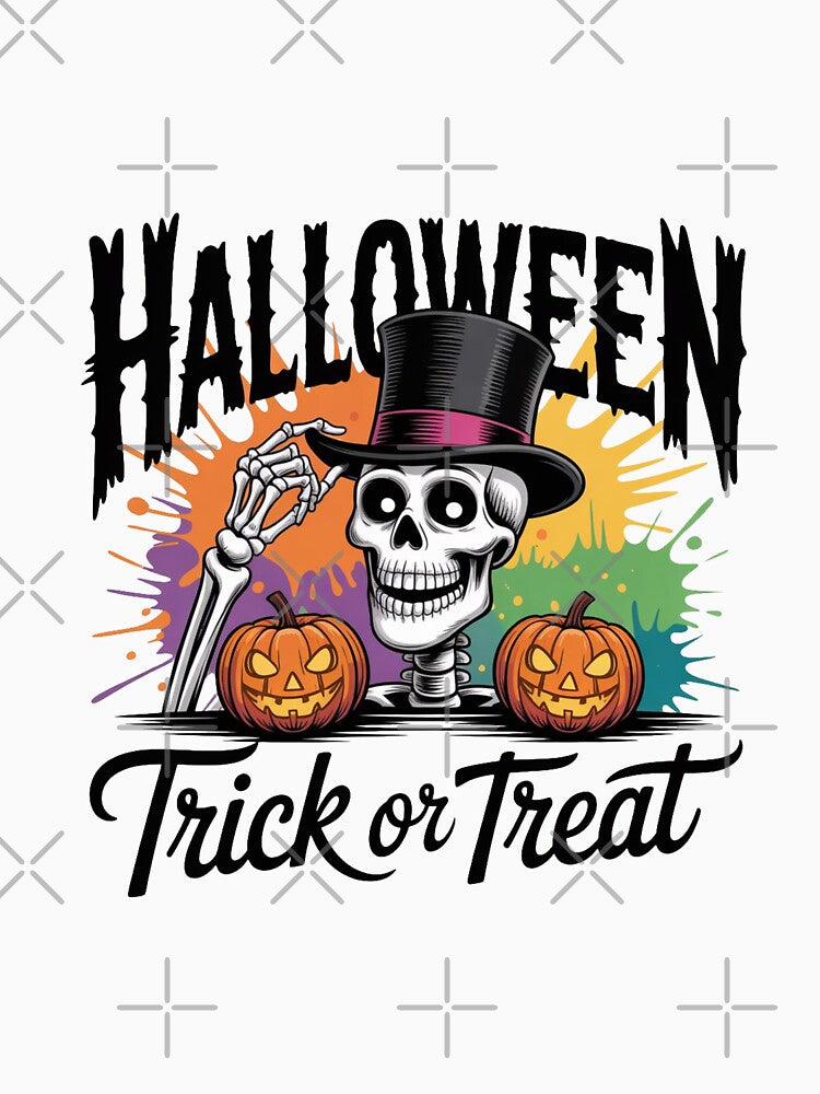 Halloween Trick or Treat Skeleton Design – Spooky Top Hat Skeleton with Pumpkins & Rainbow Splash Artwork by GemBob Creations