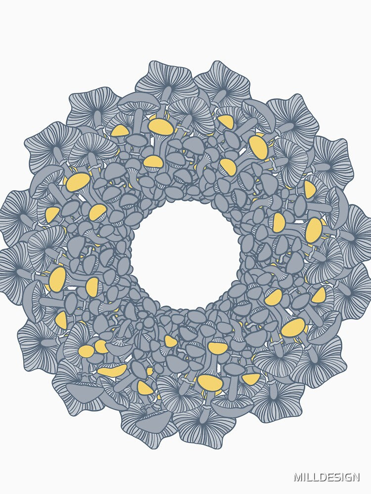 Mushroom mandala design in grey and yellow tones by MILLDESIGN