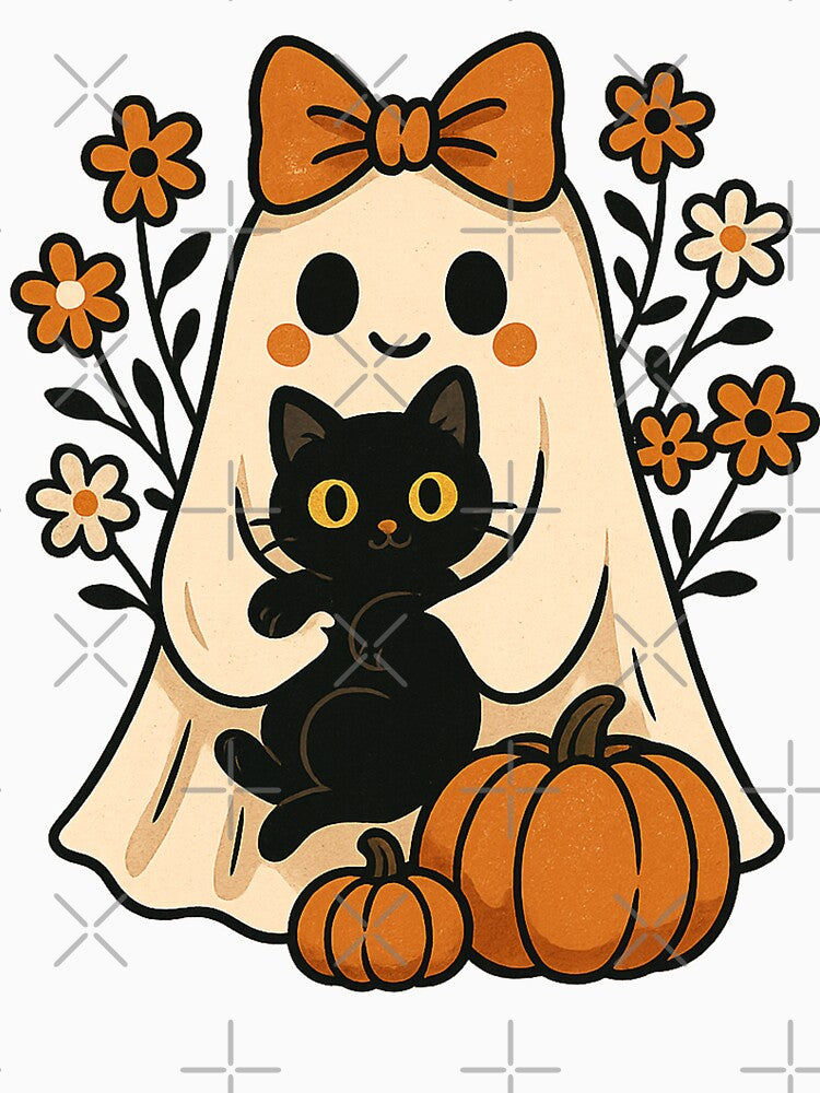 Vintage Halloween Ghost Holding Black Cat Groovy Floral by will freed18