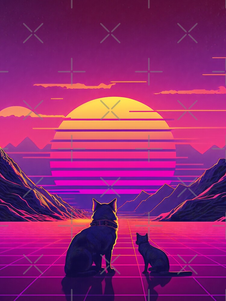 a cat and a dog, 80s retro sunset, animal lovers, Art deco house - by CreativeHabbit