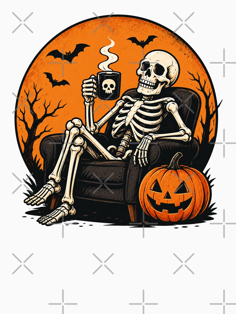 Funny Halloween Skeleton Lounging with Coffee by Ink Matrix