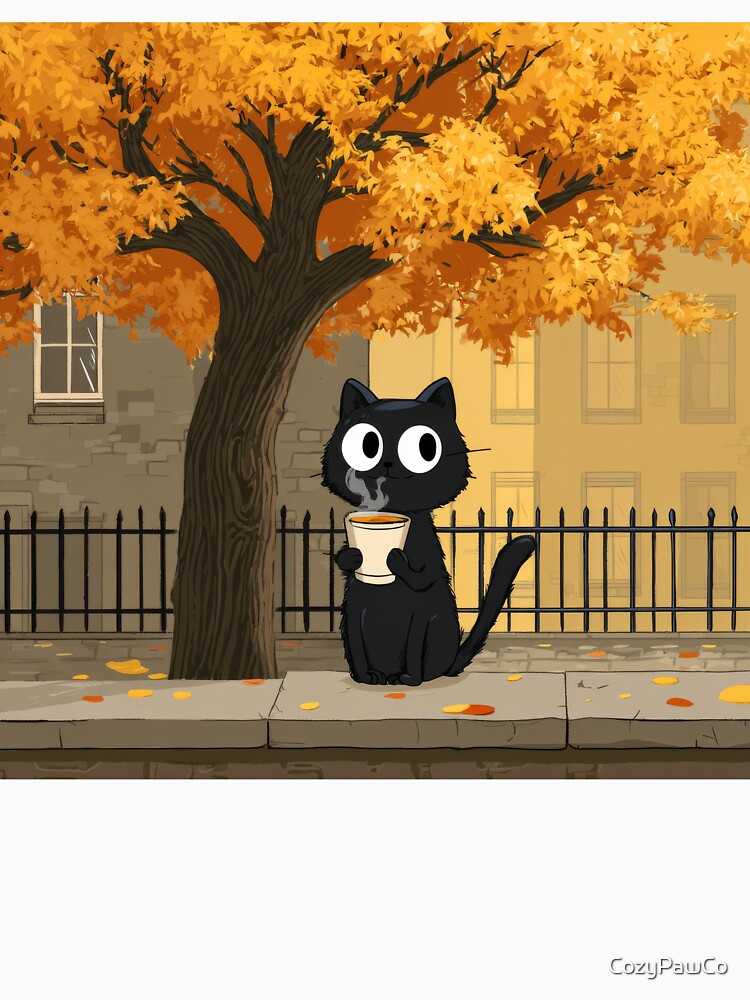 Cute Black Cat Drinking Coffee Autumn Fall Street Cozy Cat Lover Gift Fall Vibes by CozyPawCo
