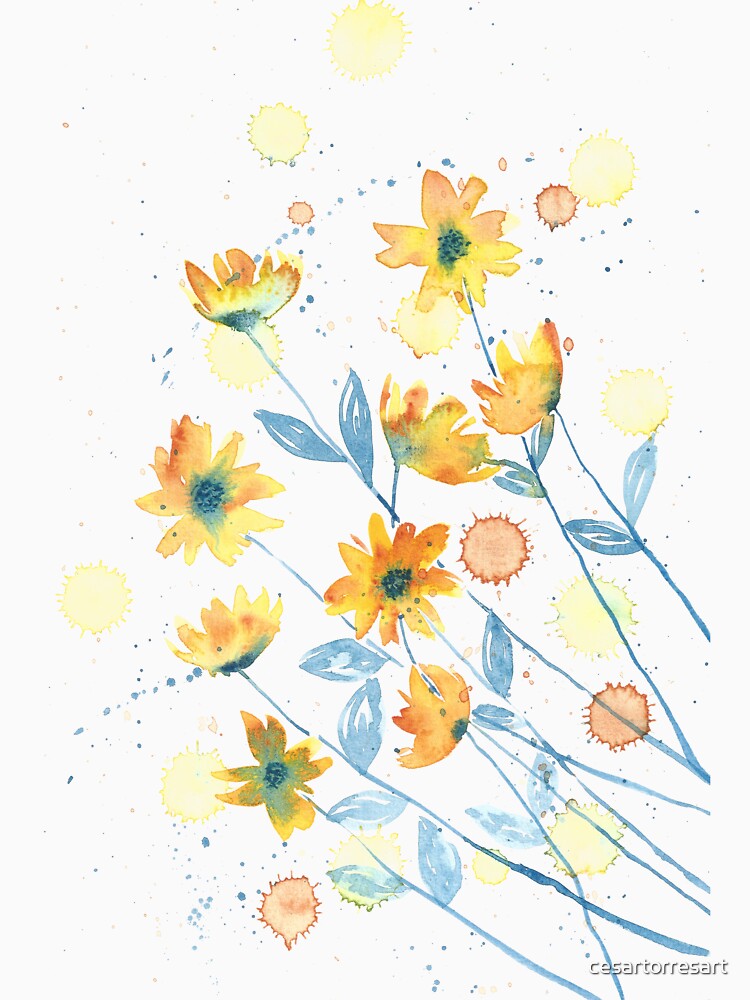 Yellow flowers with blue and orange details by cesartorresart