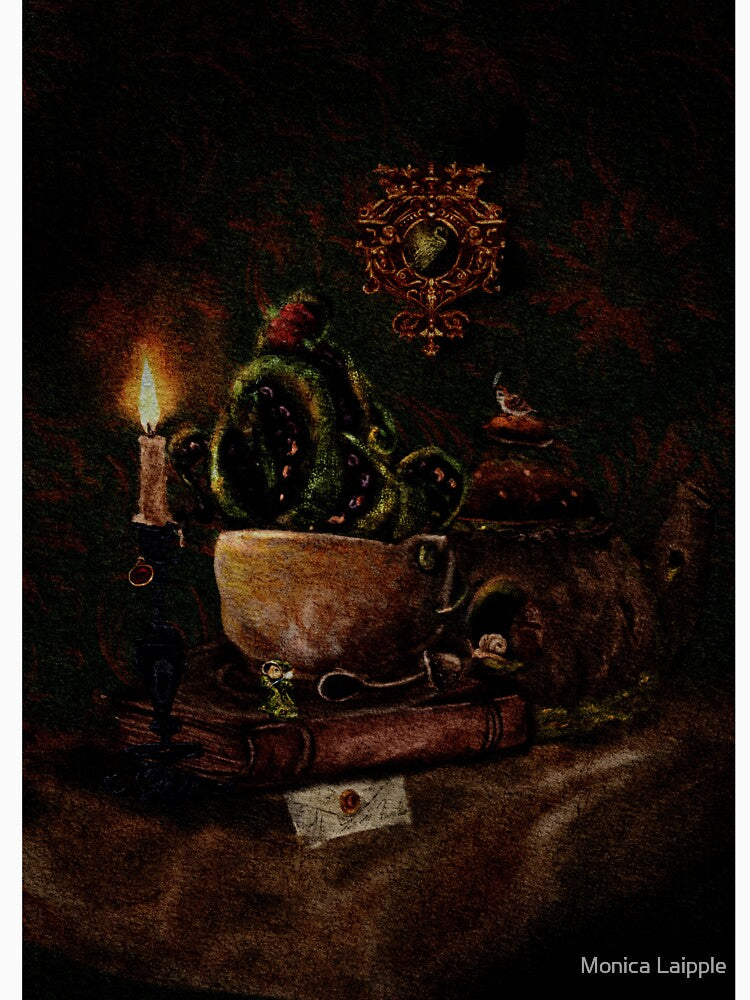 Cthulhu and Tea a Dark Academia Fantasy Watercolor Wall Art by Monica Laipple