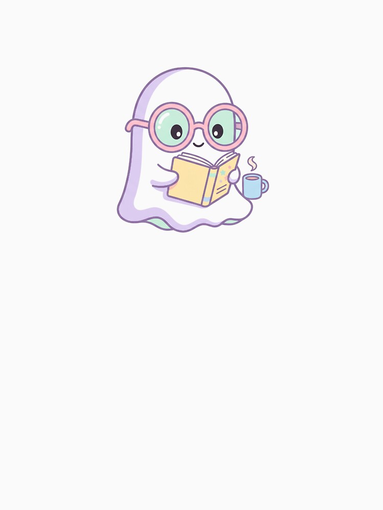 Kawaii Reading Ghost with Glasses and Coffee Cozy Pastel Art by AuraDraftStudio