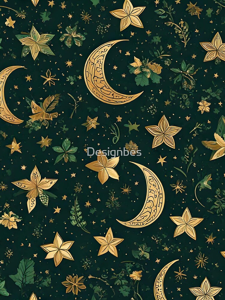 Celestial inspired pattern of gold stars, crescent moons and tiny clovers by Designbes