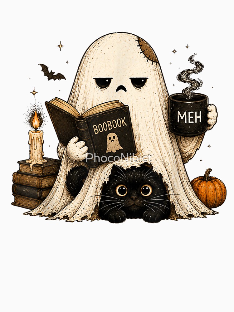 Ghost Reading Boobook Drinking Coffee With Black Cat Halloween Cozy by PhocoNibict