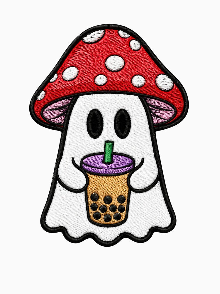 Cute Ghost Drinking Boba Tea Kawaii Embroidery Patch Design by ColorSplash123