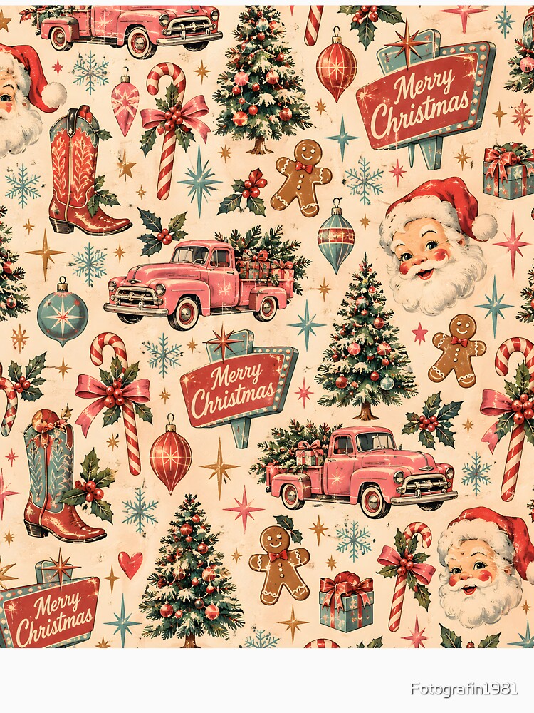 Title Vintage Christmas Pattern Retro Pink Truck Santa Claus Seamless by Fotografin1981