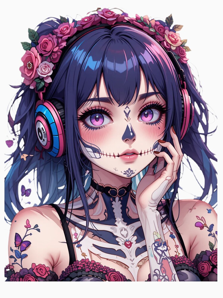 Sugar skull girl with headphones anime style by DigitalArtTK
