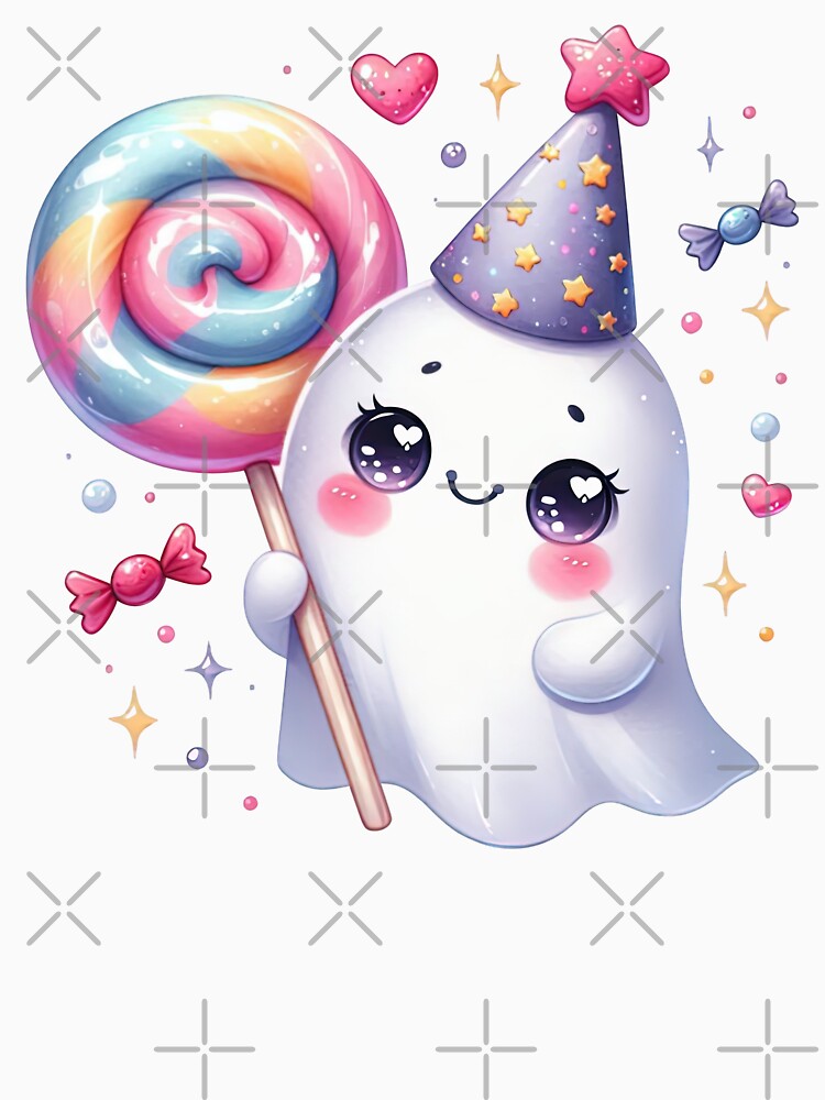 Cute Halloween Ghost with Candy – Kawaii Spooky Spirit Illustration by Lulunza