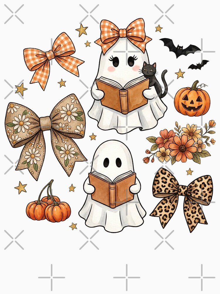 Cute Reading Ghosts Spooky Season Halloween Bows And Pumpkins by raedattia