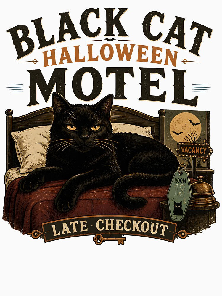BLACK CAT HALLOWEEN MOTEL Late Checkout Halloween Vintage Screen Print by KristenosNehk