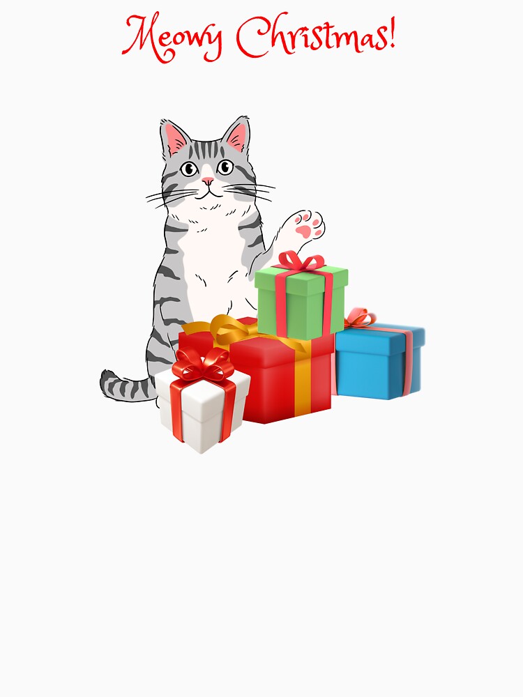 Meowy Christmas Gray Tabby Cat with Christmas Presents by MYCatStuff