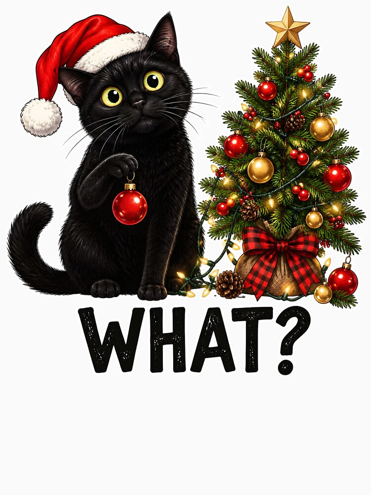 Christmas Cat What Funny Black Cat Christmas Tree Holiday Cute Winter Cat Gift by LandFinStudio