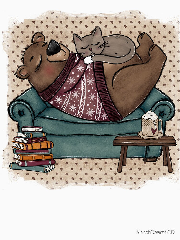 Bear and Cat Reading and Napping, Cozy Winter Decor, Hot Cocoa by MerchSearchCO