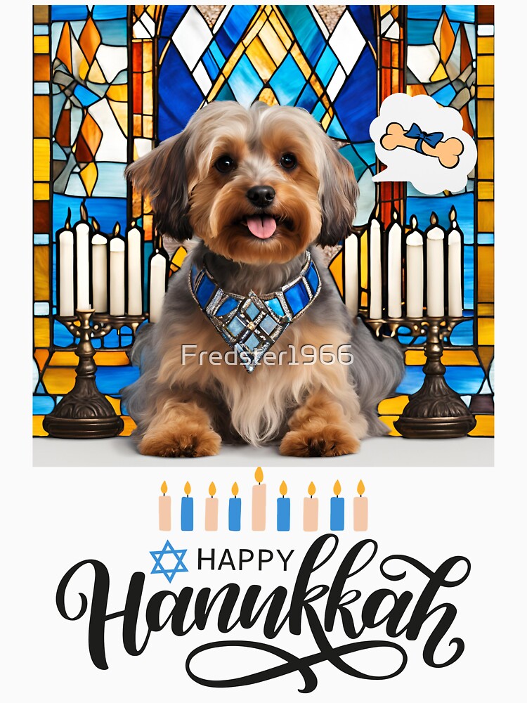 Happy Hanukkah Yorkipoo – Stained Glass Menorah Dog Dream Design by Fredster1966