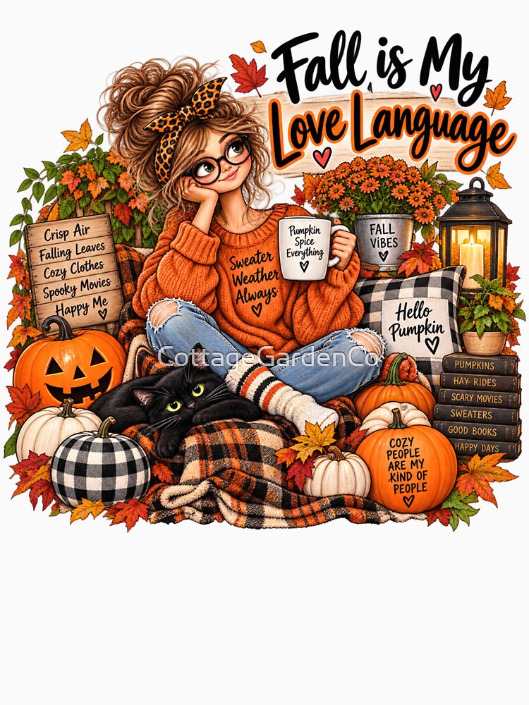Fall Is My Love Language – Cozy Fall Girl & Black Cat by CottageGardenCo