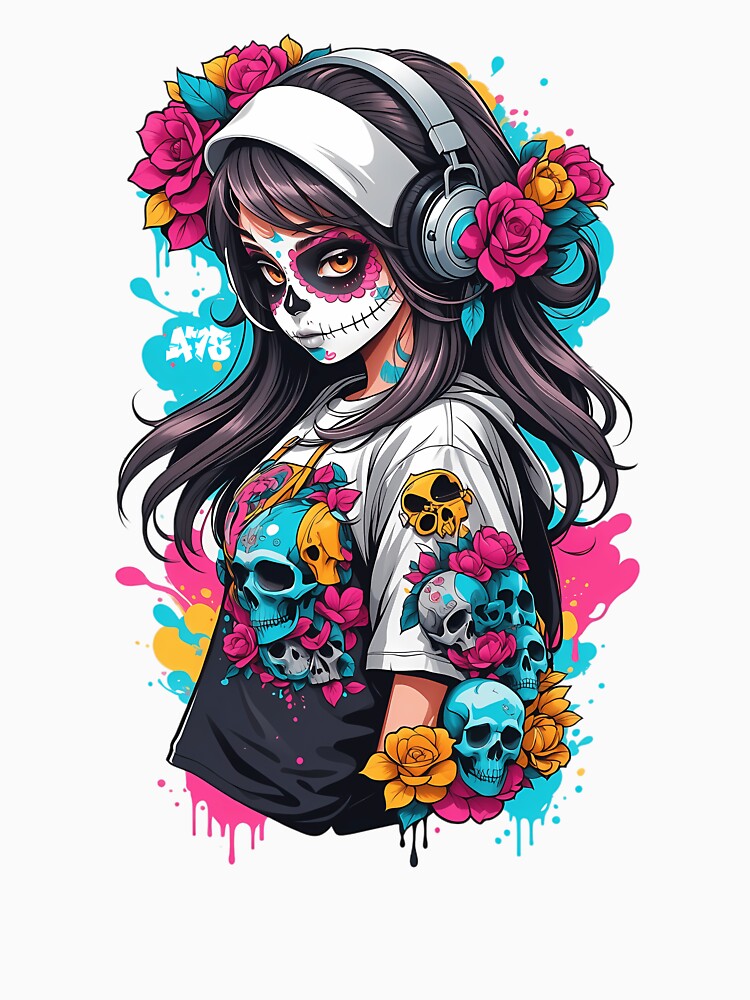 Sugar Skull Girl With Black Hair  Headphones by azoandray