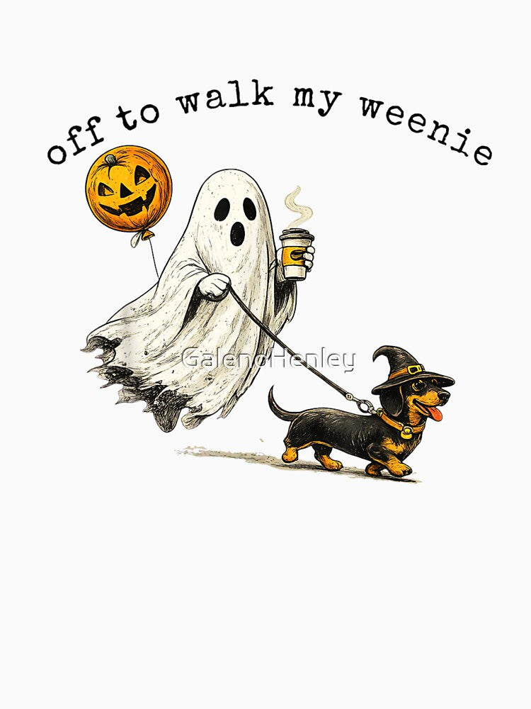 Ghost Walking Dachshund With Coffee Funny Halloween Pet Lover Design by GalenoHenley