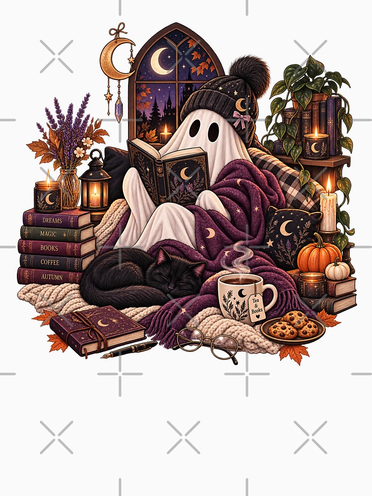 Cozy Ghost Reading With Black Cat by RetroPop23