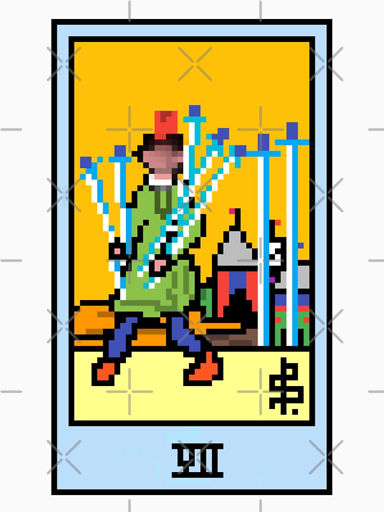 Wait, is this pixel art tarot? White - Minor Arcana 'Seven of Swords' (Design for T-shirt, stickers and other accessories) by Pixel Waite