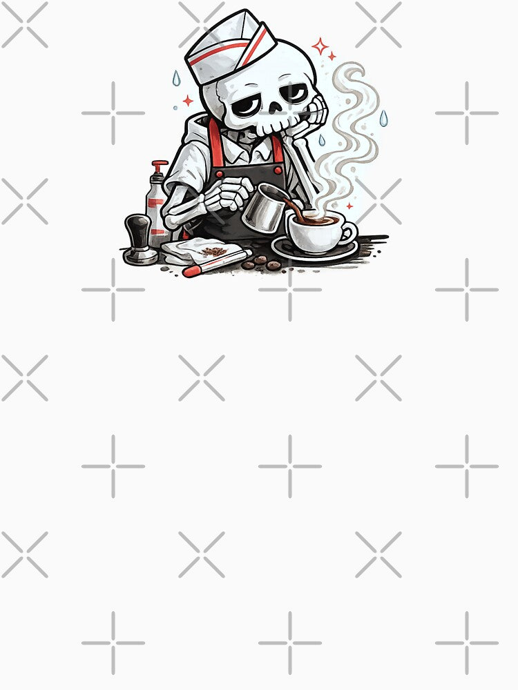 Skeleton Barista Making Coffee with Bored Expression – Bold Black White Red Cartoon Illustration by OnPointOutfits