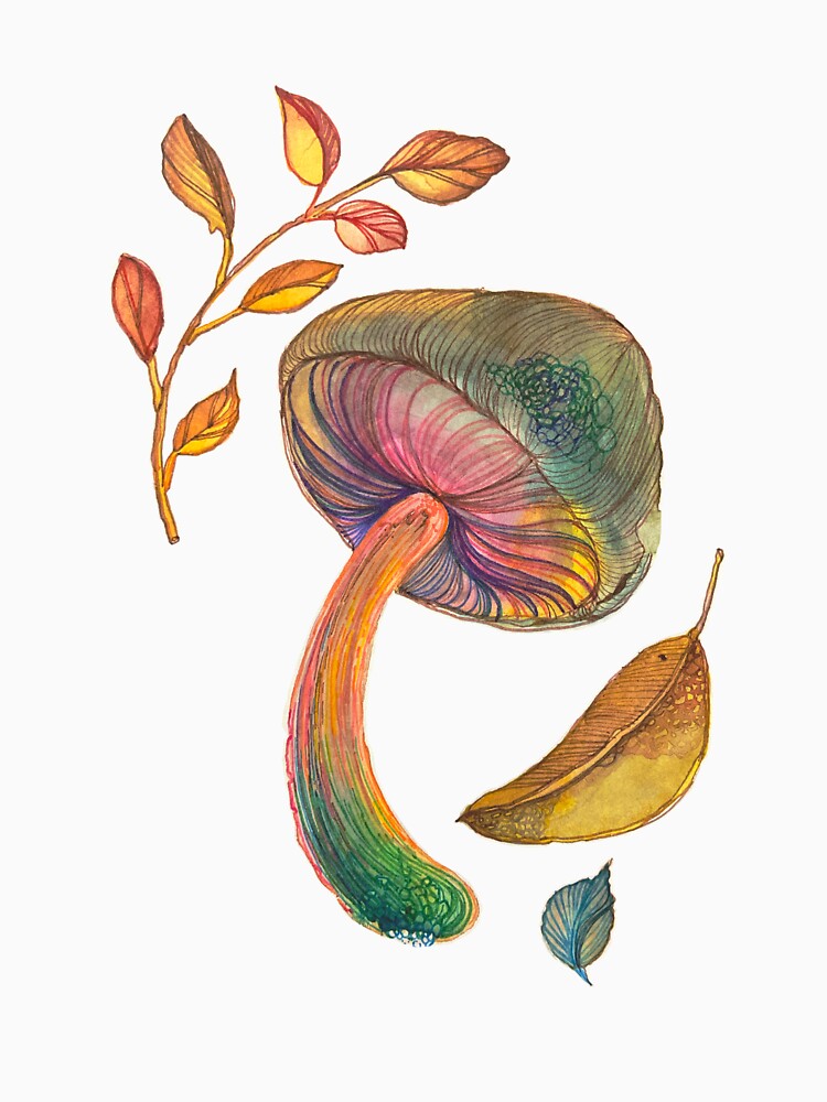 Watercolor Mushroom with Autumn Leaves by WovenInEarth