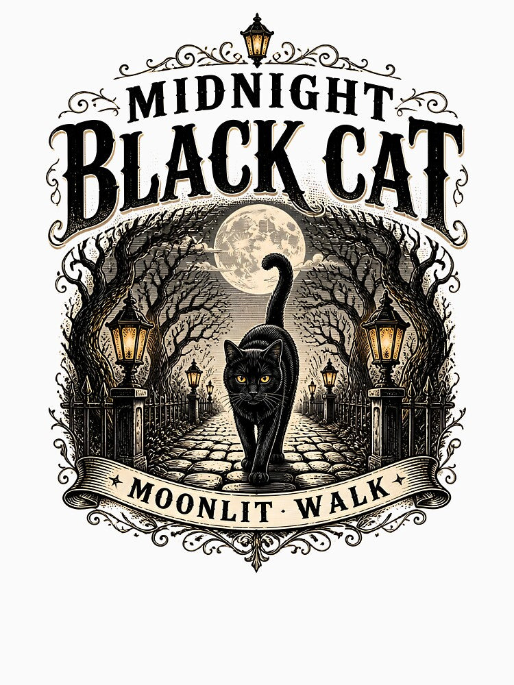 Midnight Black Cat Moonlit Walk Vintage Engraving by RoyesButler