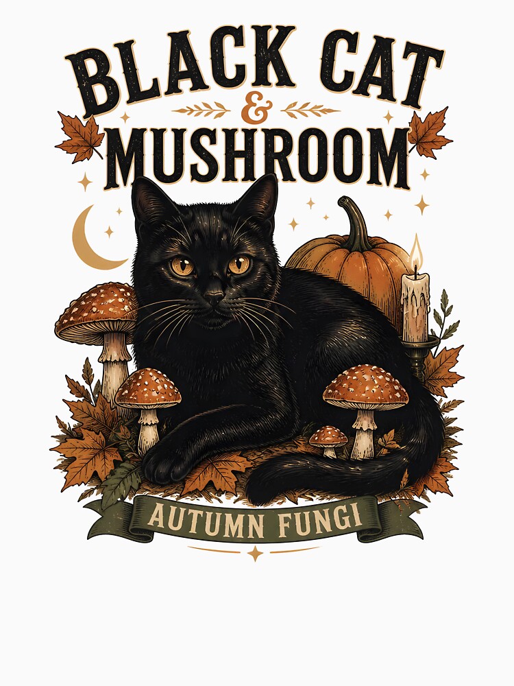 BLACK CAT & MUSHROOM Autumn Fungi Halloween Vintage Screen Print by LiviuGligoros