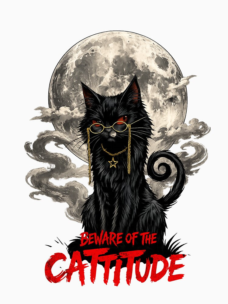 Black Cat With Attitude Halloween Full Moon Graphic Tee by cozydrops