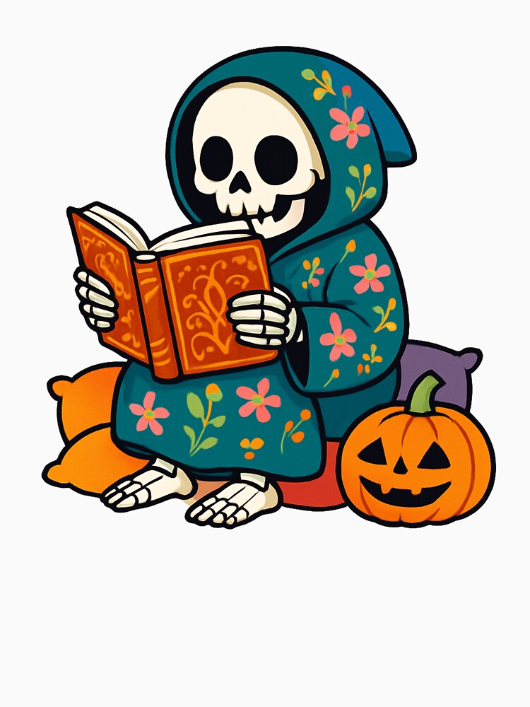 Whimsical Skeleton Reading Book with Colorful Pillows by RuweisVibes