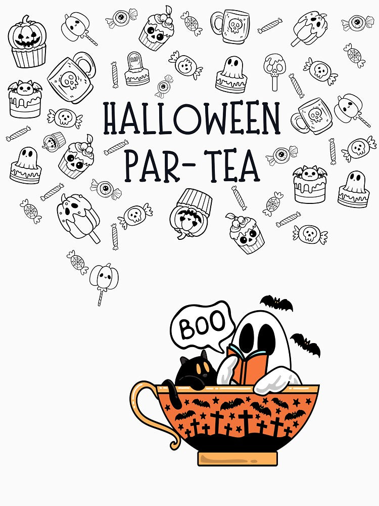 Ghost Reading Books Halloween Cozy Season Tea Cup Ghost Cat Tea Decor Spookie Cute Book Lover Art by ElixirCraft