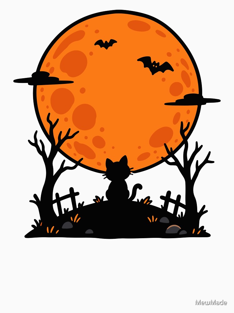 Black Cat Under the Halloween Moon – Spooky Night Illustration by MewMade
