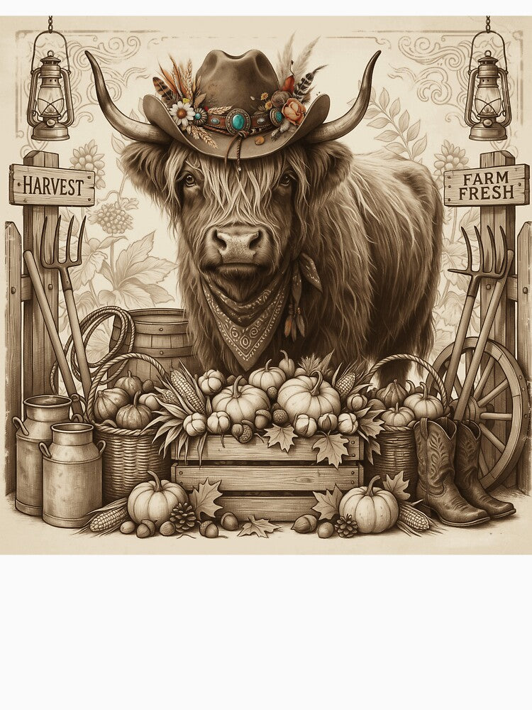 Highland Cow in Cowboy Hat with Pumpkins and Rustic Fall Harvest Farm Decor by RonanHalstead