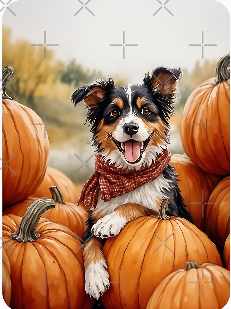 Aussie Pumpkin Patch Dog Autumn Watercolor by Magnolia Valley Art