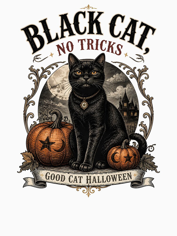 BLACK CAT, NO TRICKS Good Cat Halloween Halloween Gothic Engraving by BernoNickel