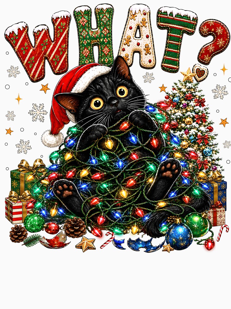 What Black Cat Tangled Christmas Lights Funny Holiday by varin-studio
