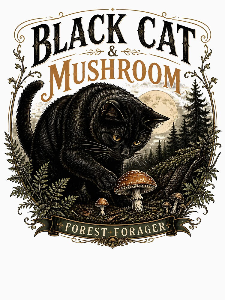BLACK CAT & MUSHROOM Forest Forager Halloween Gothic Engraving by LiviuGligoros