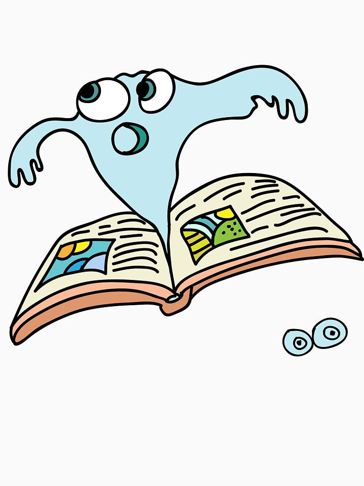 Funny Book Ghost – Cute Reading Monster Illustration by AlisaArtDecor