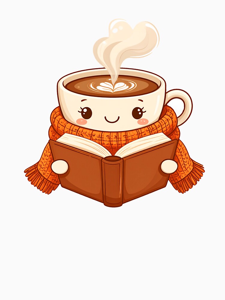 Cute Coffee Cup Reading a Book Wrapped in a Cozy Scarf Autumn Cartoon  ?? НАЗВА by OksArtStudio