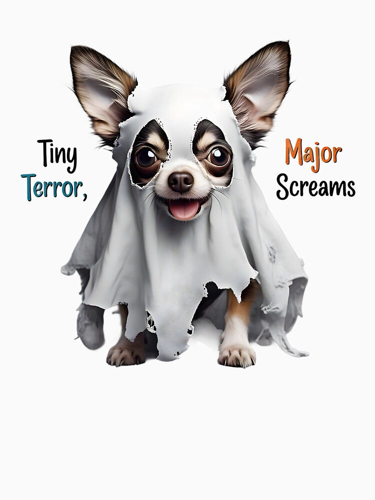 Angry Ghost Chihuahua T-Shirt – Funny Halloween Dog Costume Design, Spooky Cute Pet Art, Grumpy Puppy in Ghost Sheet by Petsworth