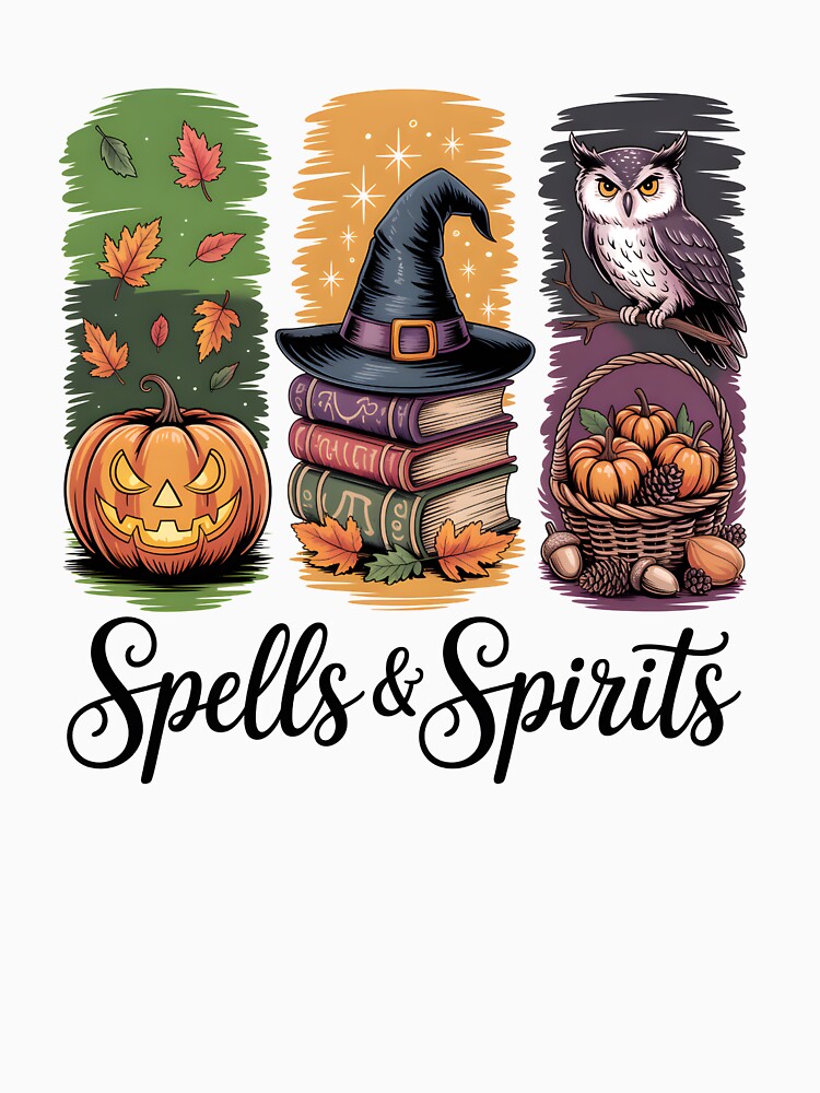 Spells & Spirits: Enchanting Halloween T-Shirt Design Featuring Pumpkins, Owls, and Autumn Leaves by FestivityFinds