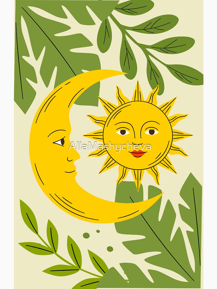 Celestial Harmony: Boho Sun and Moon with Tropical Leaves by AllaMashycheva